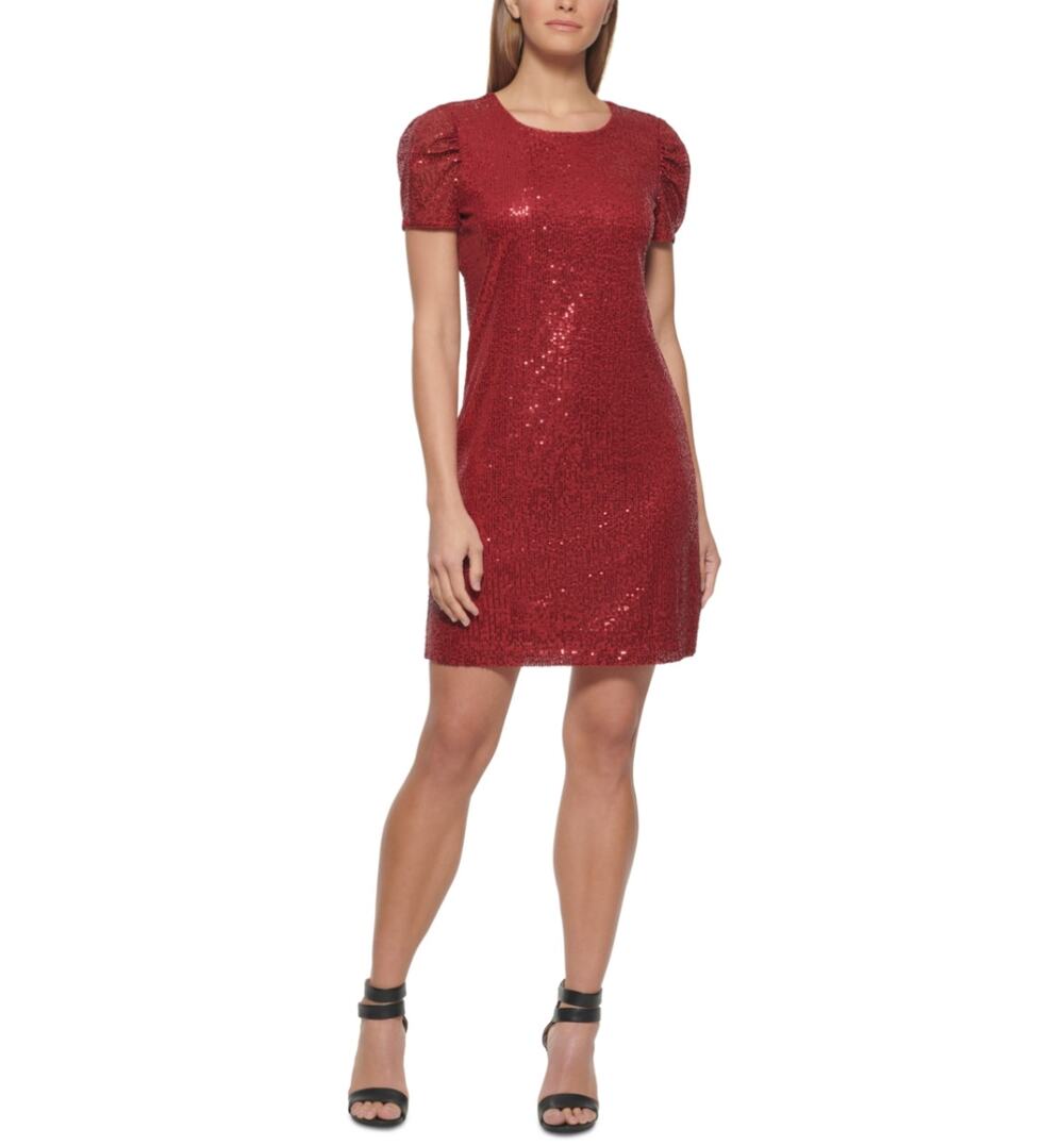 DKNY Red Cocktail Party Dress Sequined Short Sleeve Scoop Neck Shift Size 14